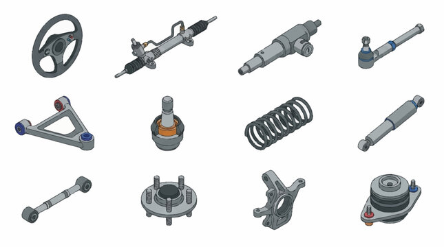 Collection of car suspension and steering parts.