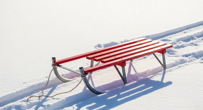 A red sled resting in fresh deep snow on a bright sunny january day waiting for winter fun and outdoor cold recreation, fresh, recreation, plastic