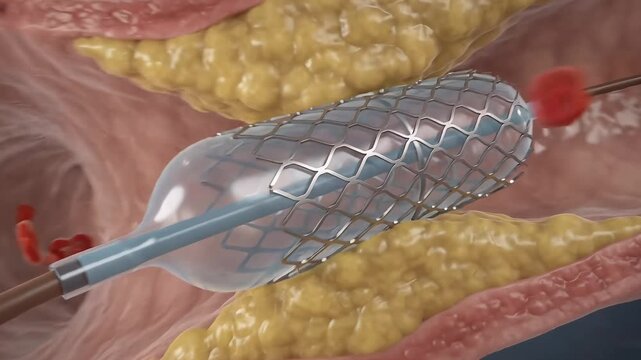Medical animation of stent placement in a narrowed blood vessel