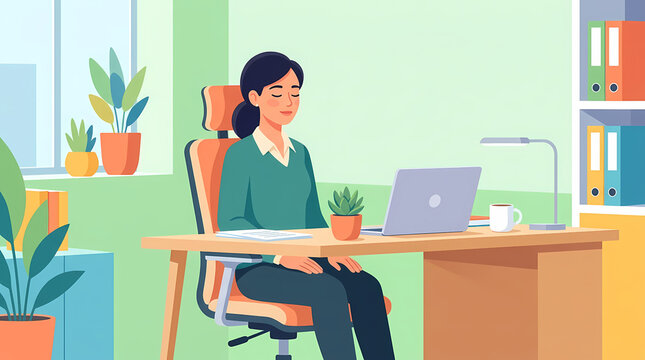 Young professional woman takes a mindful break at her modern office desk, finding a moment of serenity and focus amidst her busy work schedule, promoting well-being and productivity