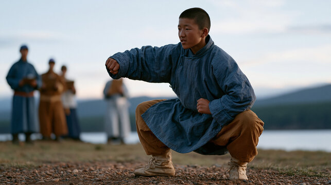 Mongolian teenage boy at a lakeside competition crouching low to demonstrate stone skipping technique, his arm cocked in a practiced sidearm motion as tournament judges observe