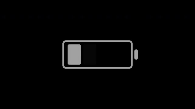 Gray battery charging icon filling up with segments, transparent background loop animation