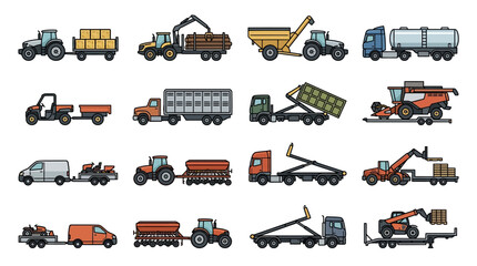 Corporate Set of 20 Colorful Agricultural and Construction Vehicles for Logistics and Farming with high quality professional line art symbols for modern creative design and digital branding projects © Budi