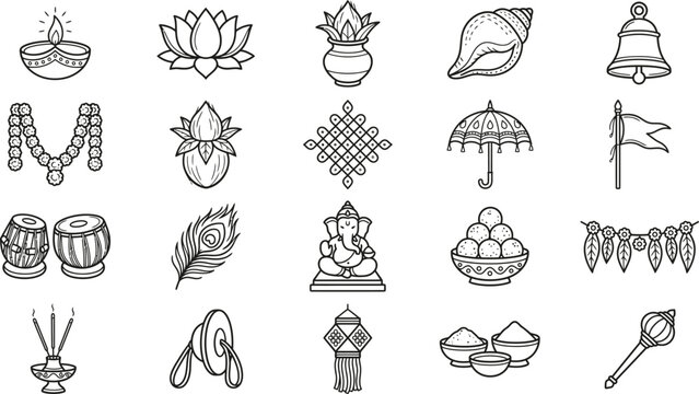 Indian cultural symbols collection line art icons for festivals and traditions