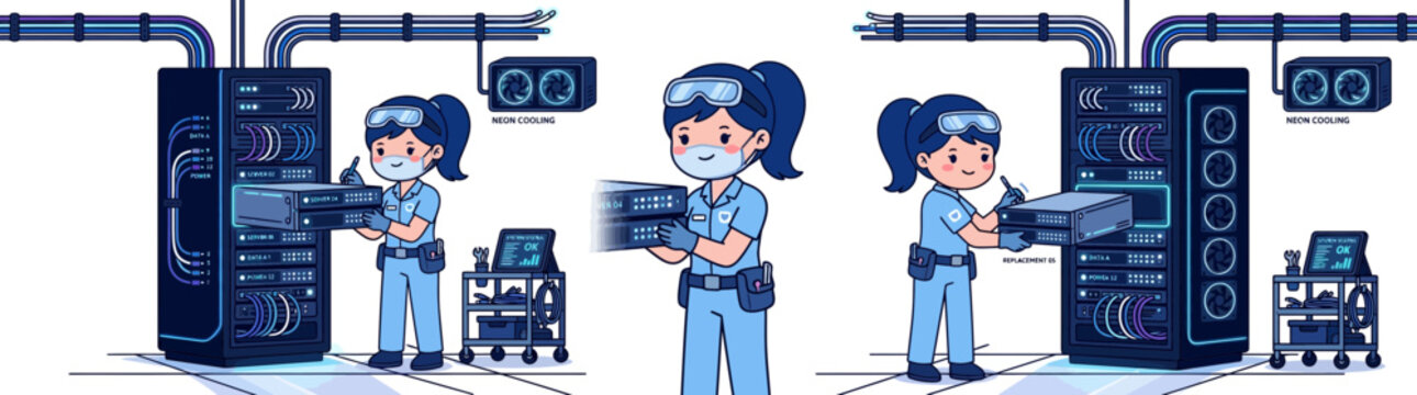 Female IT Technician Installing Server Rack Equipment in Data Center