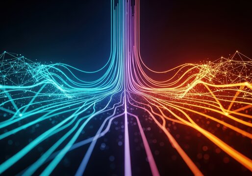 R&eacute;seaux de connexions lumineuses et complexes repr&eacute;sentant l'&egrave;re num&eacute;rique et l'intelligence artificielle en plein d&eacute;veloppement technologique, serveur, innovation, s&eacute;curit&eacute;