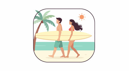 Fototapeta premium Couple carrying surfboard on tropical beach, flat illustration