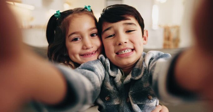 Happy, face and children with selfie in home for picture, capture moment or memory together. Portrait, kids or siblings with smile, hug or embrace for photography, social media post or childhood