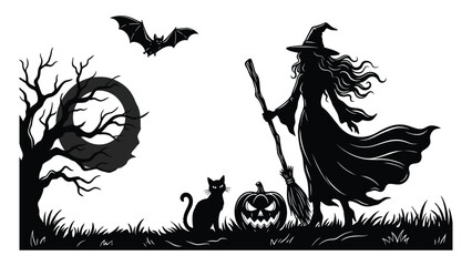 Witch stands with a broomstick near a black cat and a glowing jack-o-lantern. © sajida