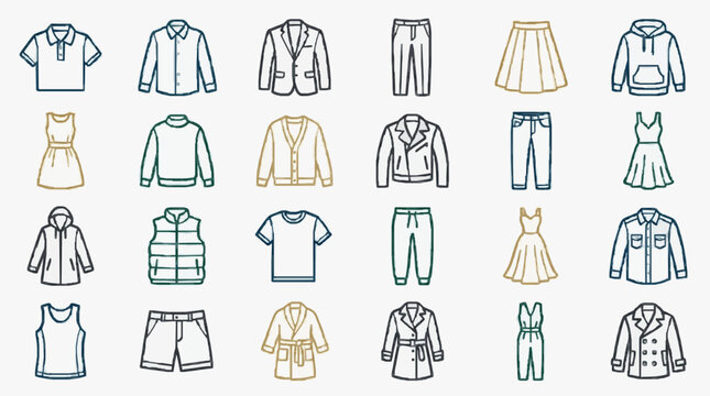 Elegant Line Drawing Collection of Men s and Women s Fashion Outfits in Monochrome and Pastel Tones