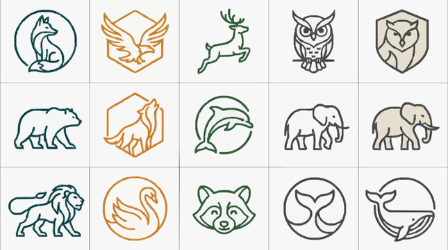 Elegant Minimalist Line Art Animal Symbols Set with Distinctive Colors in Circular and Shield Shapes
