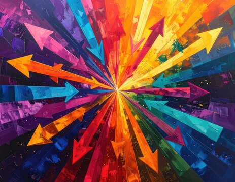 Vibrant explosion of colorful arrows radiating from a central point