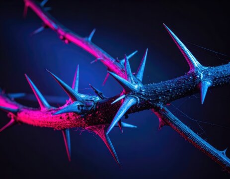 Jagged, sharp thorns on a dark branch bathed in vibrant blue and pink light