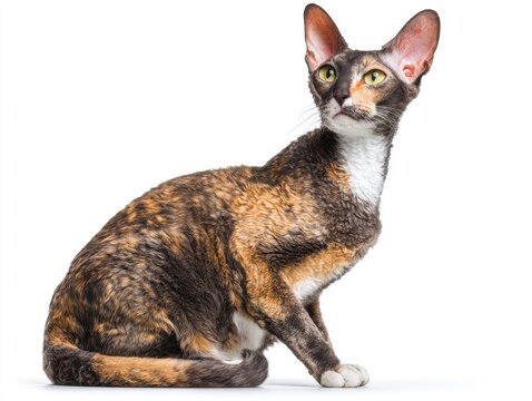 Calico Cornish Rex Cat With Curly Fur Sitting On A Clean White Background