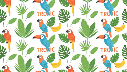 Fototapeta premium Tropical pattern with parrots toucans bananas and palm leaves