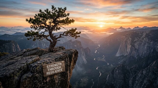 Cinematic wide shot of a solitary gnarled tree on a rocky mountain precipice overlooking a deep valley at sunrise, featuring a wooden sign reading Strength Through Resilience.