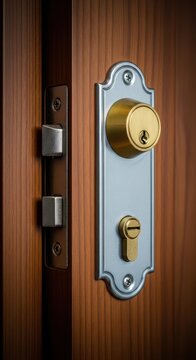 A detailed close-up image showing a heavy-duty metal deadbolt locking mechanism installed within a brown wooden entry door frame, silver, close up, locking