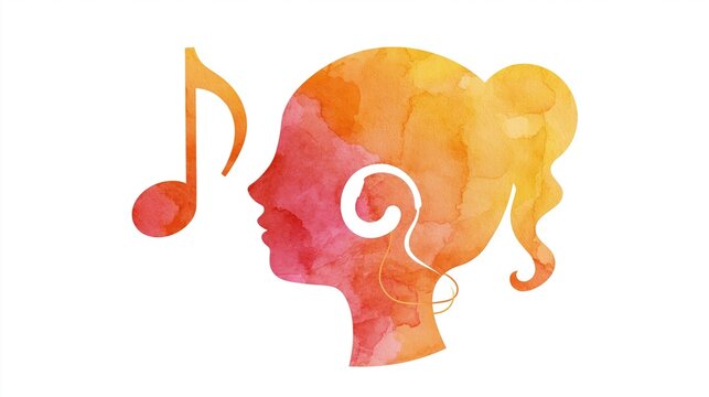 Watercolor-style illustration of a person with a cochlear implant listening to music, soft warm color palette