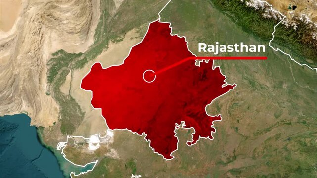 Zoomed in satellite terrain map animation of India highlighting Rajasthan state in red with a white outline, red callout pointer line, and blinking target location dot