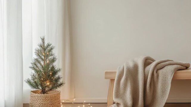 A small tree is placed in a basket near a soft blanket on a bench. Bright string lights shine in the background. This setup shows a warm holiday spirit in an indoor area