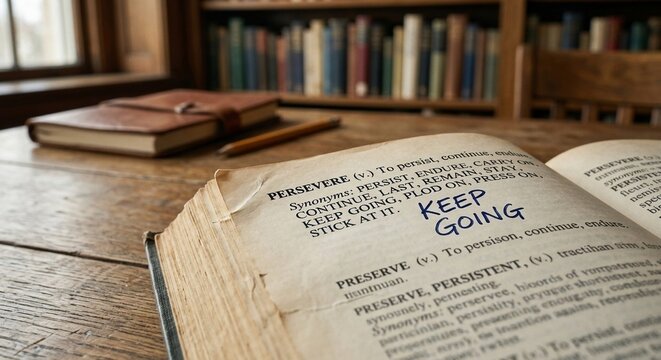 Close-up of an open vintage dictionary on a wooden table displaying the word persevere with synonyms and a handwritten blue note reading keep going in a library setting.