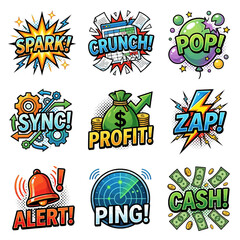 Fototapeta premium Colorful comic book style vector graphic collection featuring various business action words with dynamic sound effects and bright cartoon illustrations