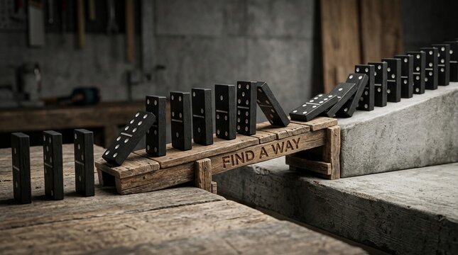 Side view of black dominoes crossing a rustic wooden bridge engraved with 'Find A Way' between concrete and wood surfaces in a workshop, symbolizing perseverance and growth.