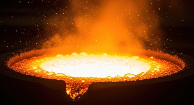 Intense orange and yellow molten steel boils vigorously in a large foundry ladle, showing extreme heat and industrial metalworking processes, plant, heavy industry, alloy