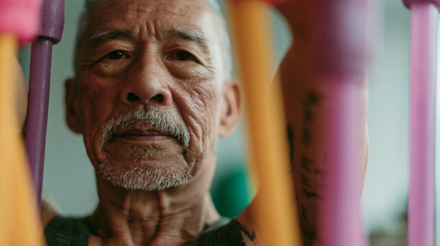 Close-up portrait of an elderly asian man with a serious expression on his face. he has a white beard and mustache and is looking directly at the camera.