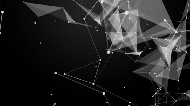 Abstract geometric network floats in stark black space. White nodes connect translucent triangles, forming dynamic shapes. Structure suggests digital data, neural pathways, or virtual networks
