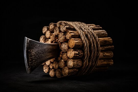 A bundle of wooden rods bound together with an axe blade emerging.