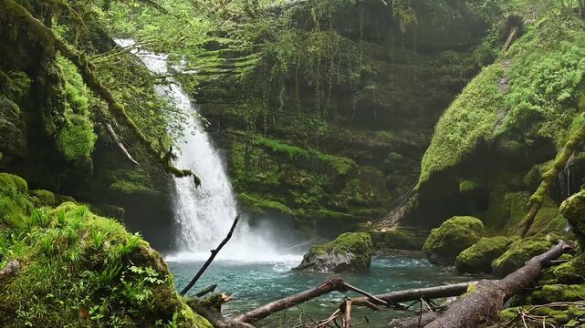 A powerful waterfall plunging into a crystal clear turquoise pool surrounded by a deep gorge with moss-covered rocks and lush green vegetation
