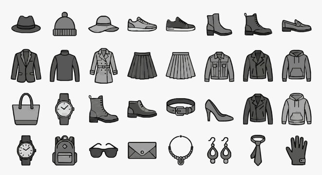 Elegant Monochromatic Flat Pack Icons Set of Classic Fashion Accessories and Clothing Items in Black and Gray