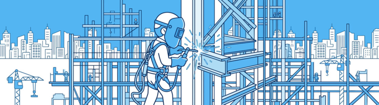 Welder working on high-rise construction site with city skyline background, blue line art style.