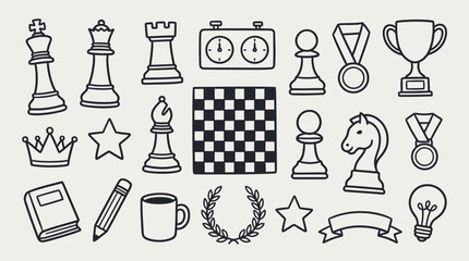 Collection of hand-drawn chess pieces, board, and related icons for strategy and competition. © indira