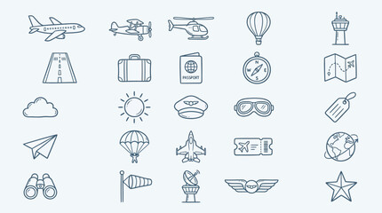 Collection of aviation and travel icons, including airplanes, helicopters, hot air balloons, and travel essentials. © indira