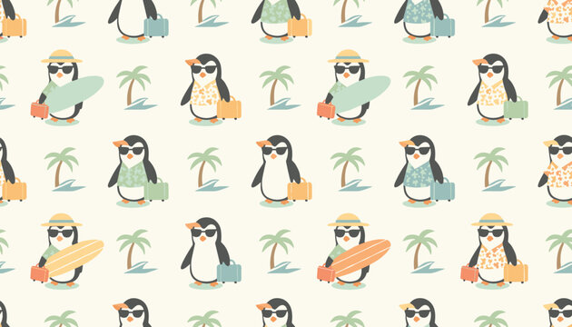 Seamless pattern with penguins in summer vacation beach theme