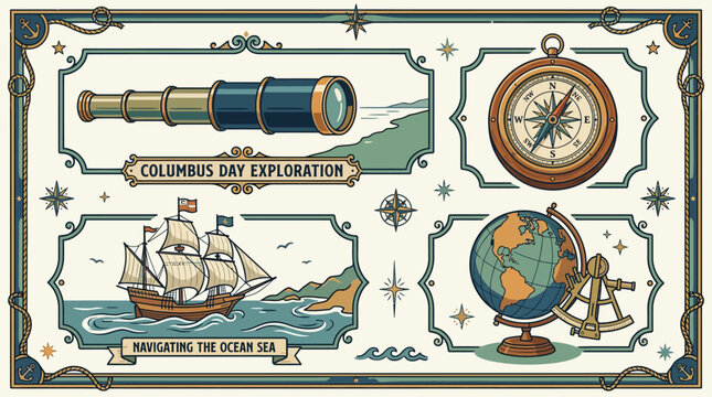 Columbus Day Exploration: Vintage Ship, Telescope, Compass, Globe & Sextant