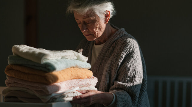 Elderly woman with white hair, wearing a gray sweater, standing in a room with a stack of folded towels in front of her.