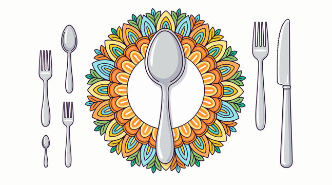 colorful table setting with silverware and decorative plate