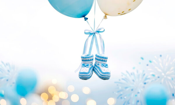 Blue knitted baby boots on balloons against a festive background. Banner or greeting card for a baby's birthday or gender reveal