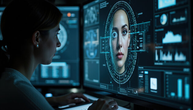 Professional businesswoman analyzing biometrics facial recognition system with high tech digital interface data display in dark control room.