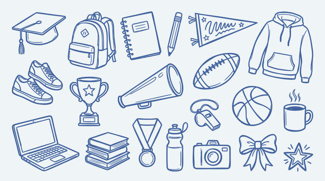 Collection of hand-drawn school and sports related icons on a light blue background.