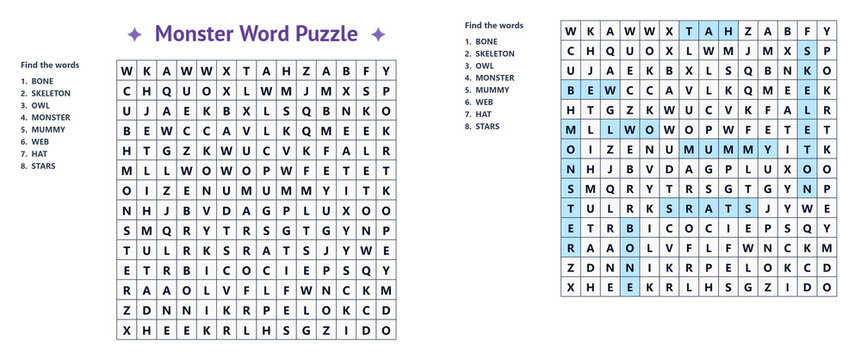 Monster theme word search puzzle crossword game worksheet template