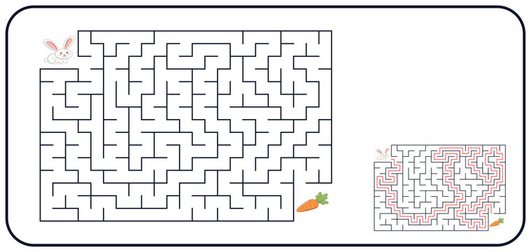 Rabbit and carrot maze labyrinth puzzle game worksheet template