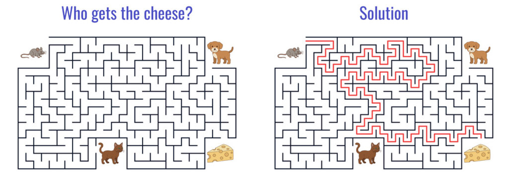 Mouse and cheese maze labyrinth puzzle game with solution template