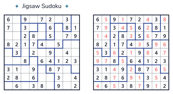 Jigsaw sudoku logic puzzle game worksheet with solution template