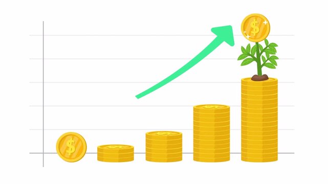 Golden coins grow taller in a rising trend. Green arrow points upward, showing financial gain. Plant sprouts from the tallest stack of coins. Chart background shows steady, upward movement