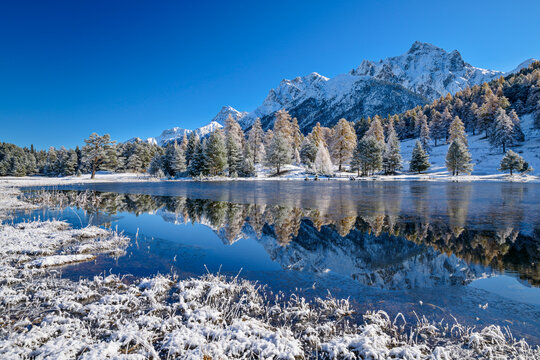 Lake with reflection near snowcapped Sesvenna Alps on sunny day, Tarasp, Lower Engadine, Engadine, Grisons, Switzerland