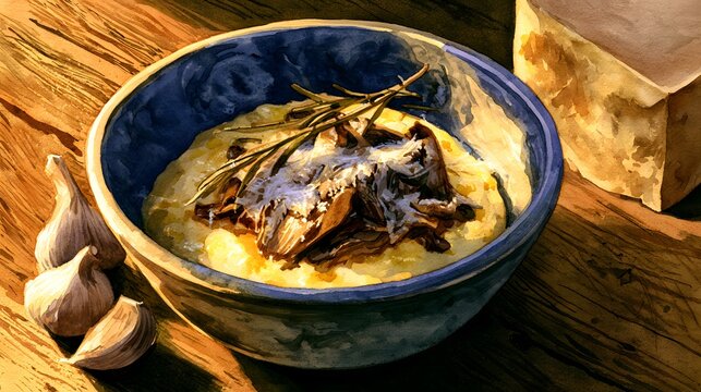 Rustic Italian Comfort Food Still Life Warm Polenta Mushrooms Parmesan Rosemary Texture